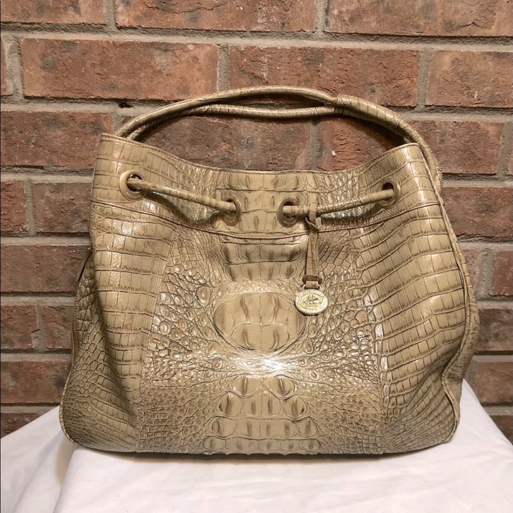 Brahmin Tan Embossed Drawstring Hobo Bucket Handbag
